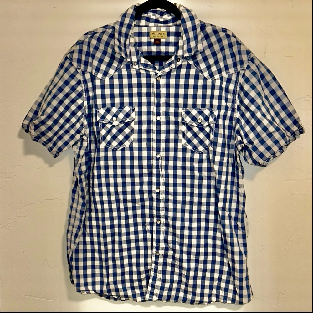Sonoma Life Style XL Check Print Pearl Snap Short Sleeve Cotton Blue White Shirt